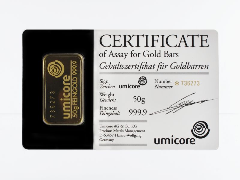 50 Gramm Goldbarren 999,9 Feingold, Zertifikat