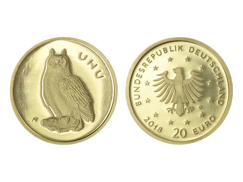 BRD 20 Euro Gold, 2018 D,  Heimische Vögel Uhu