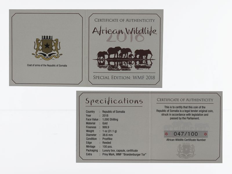 Somalia 1000 Sh. Elefant 2018,  Privy Mark Brandenburger Tor