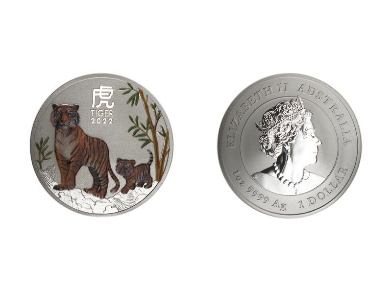 Australien 1$ Tiger Lunar III 2022 coloriert, 1 oz  Silber
