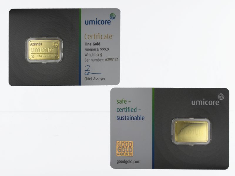 5 Gramm Goldbarren 999,9 Feingold, Zertifikat Hologramm