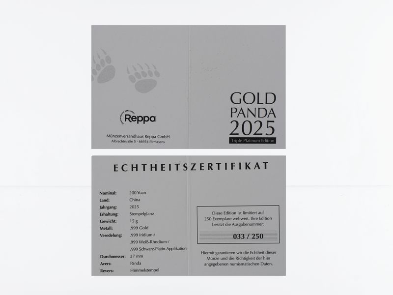 China 200 Yu  Panda 2025, 15 Gramm, Triple Platinum Edition