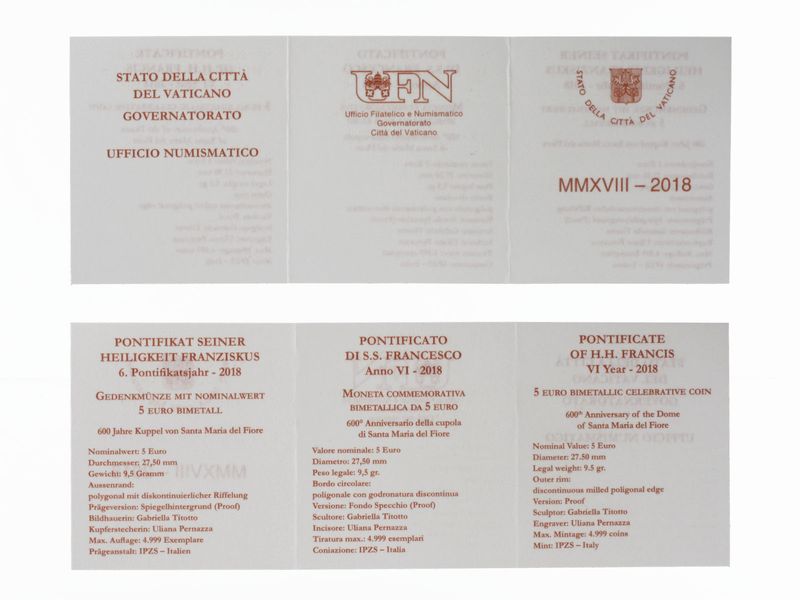 Vatikan 5 € 600 Jahre Kuppel von Santa Maria del  2018 PP