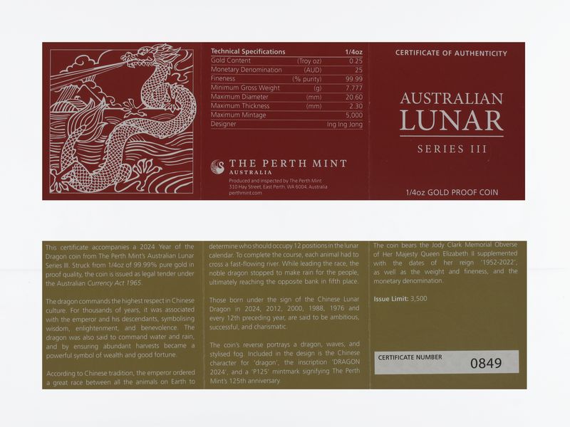 Australien 25$ Lunar III  Drache, 1/4 Unze  2024, PP