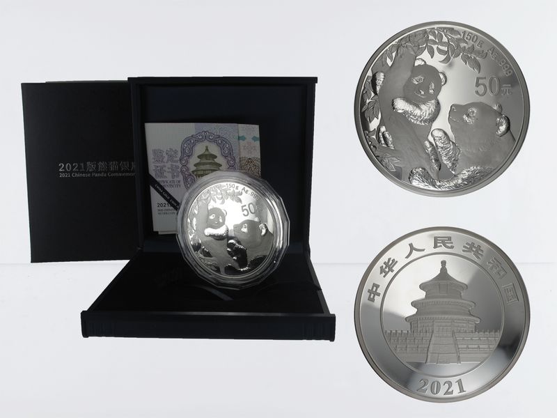 China 50 Yu Panda  2021 Box + CoA, 150 g.  Silber PP