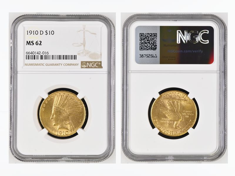 USA 10 Dollars Gold Indian Head 1910 D, Slab NGC MS62