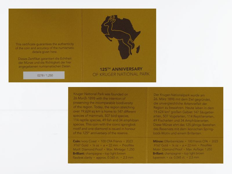 Elfenbeinküste 100 CFA. Krüger Nationalpark Diamant (B+C) 2023