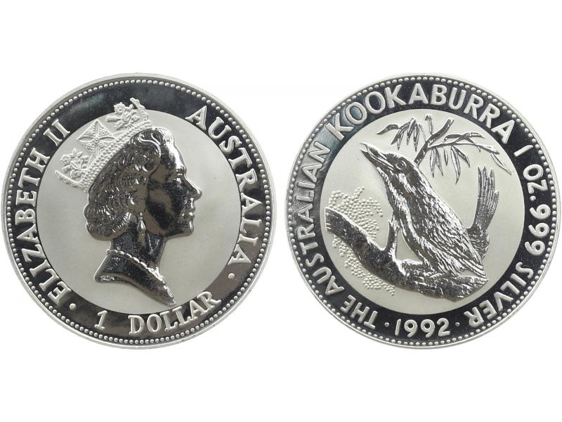 Australien 1$ Kookaburra 1992, 1 oz  Silber