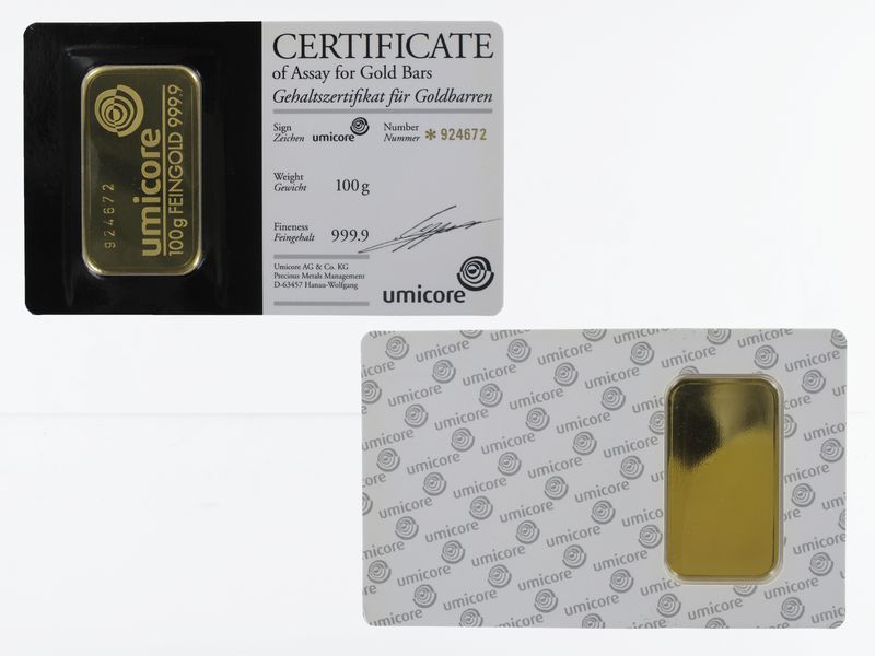 100 Gramm Goldbarren 999,9 Feingold, Zertifikat