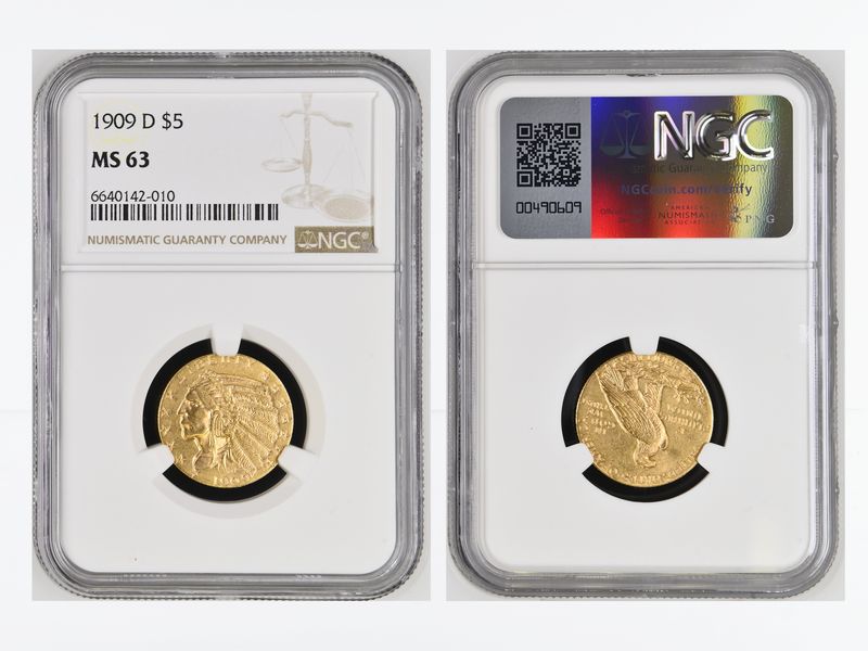 USA 5 Dollars Gold Indian Head 1909 D, Slab NGC MS63