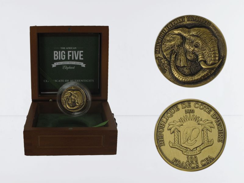 Elfenbeinküste 100 CFA. Big Five Elefant 2022, High relief (B+C)