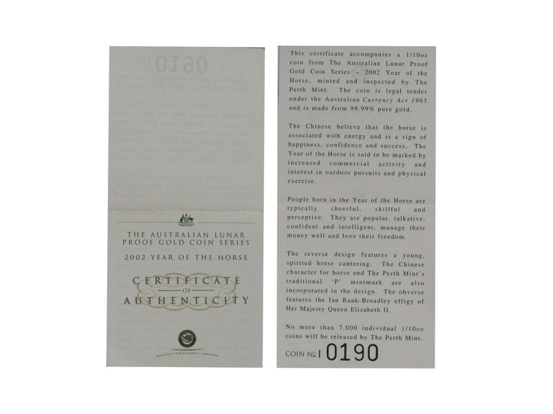 Australien 15$ Lunar I Pferd, 1/10 Unze  2002, PP