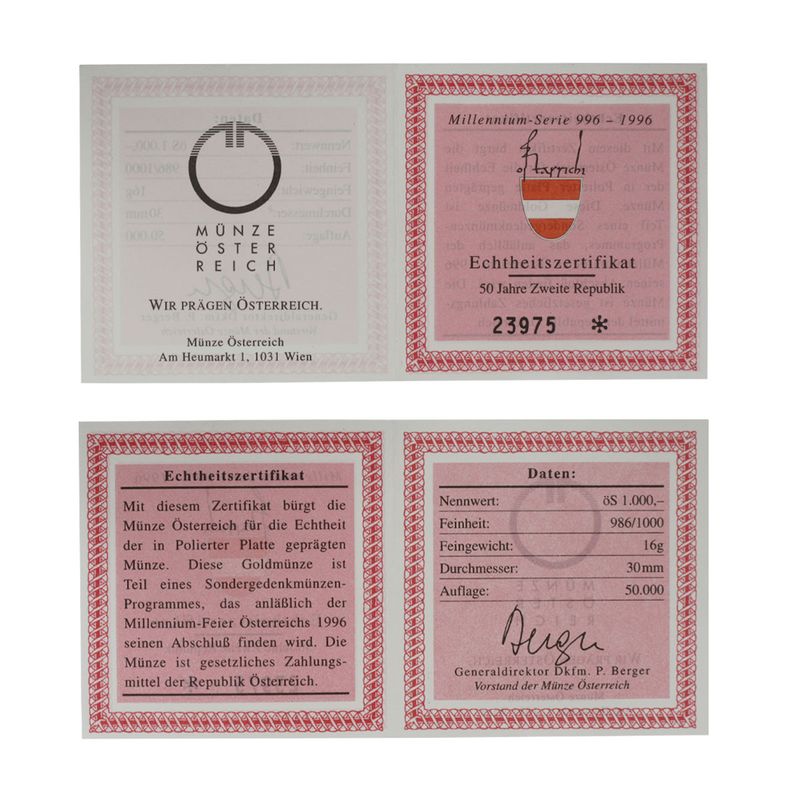 Österreich 1000 Sh. Gold, 1995, 50 Jahre 2. Republik 