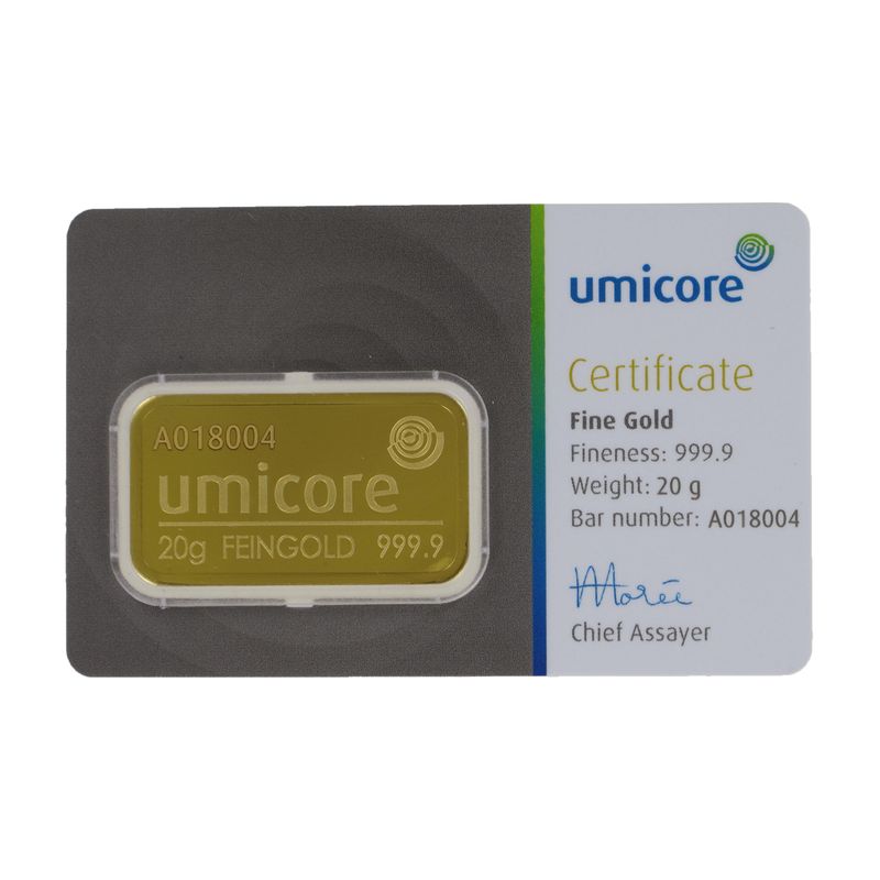 20 Gramm Goldbarren 999,9 Feingold, Zertifikat Hologramm
