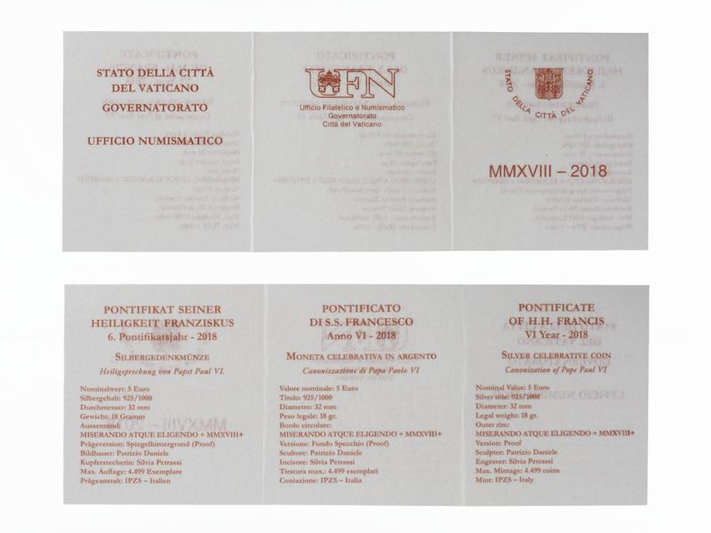 Vatikan 5 € Heiligsprechung von Papst Paul VI. 2018 PP, Silber