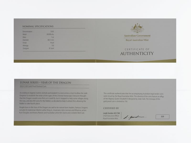 Australien 100 $ Lunar II 2024 (RAM)  Drache, Domed - Proof