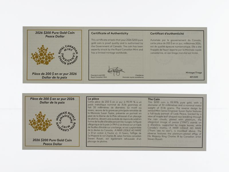 Kanada Peace Dollar 200 Dollars 2026, PP 