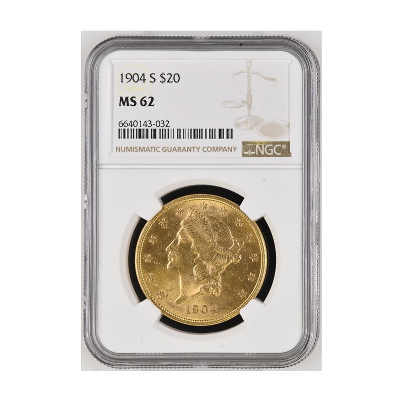 USA 20 Dollars Gold Eagle/Kopf 1904 S, Slab NGC MS 62