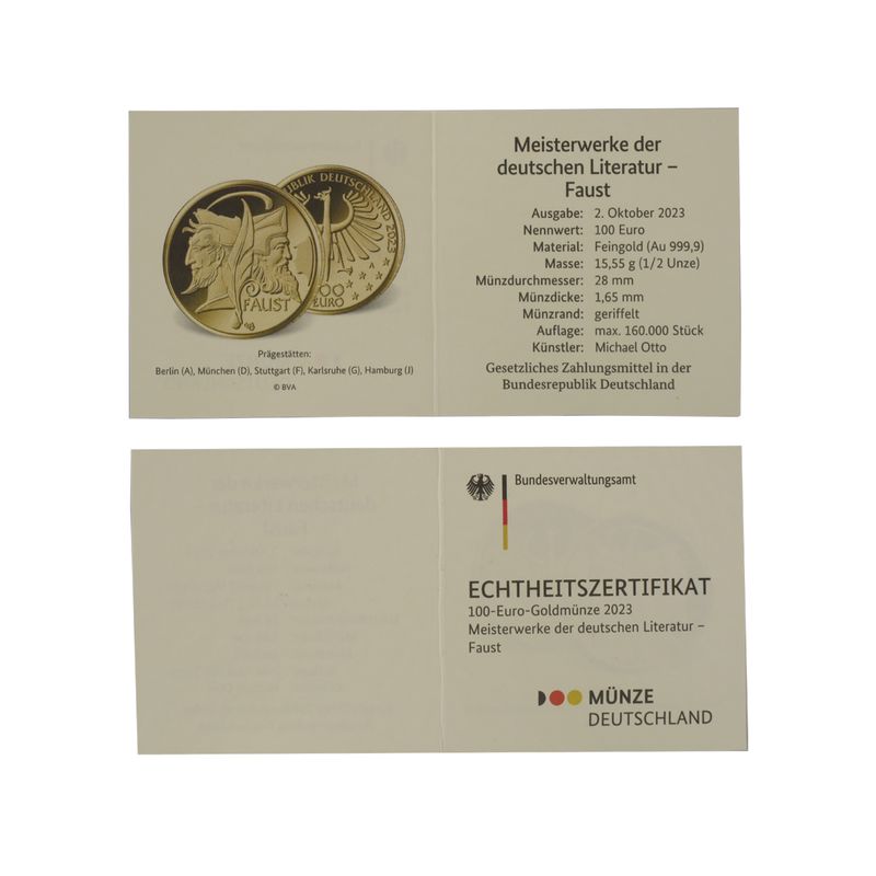 BRD 100 Euro Gold, 2023, Faust,  (Goethe) G