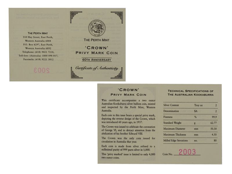 Australien 2$ Kookaburra 1997, Privy Krone, 2 oz  Silber, (B+C)