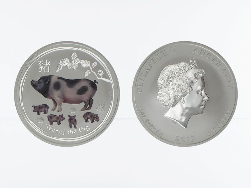 Australien 1$ Schwein Lunar II  2019 coloriert, 1 oz  Silber