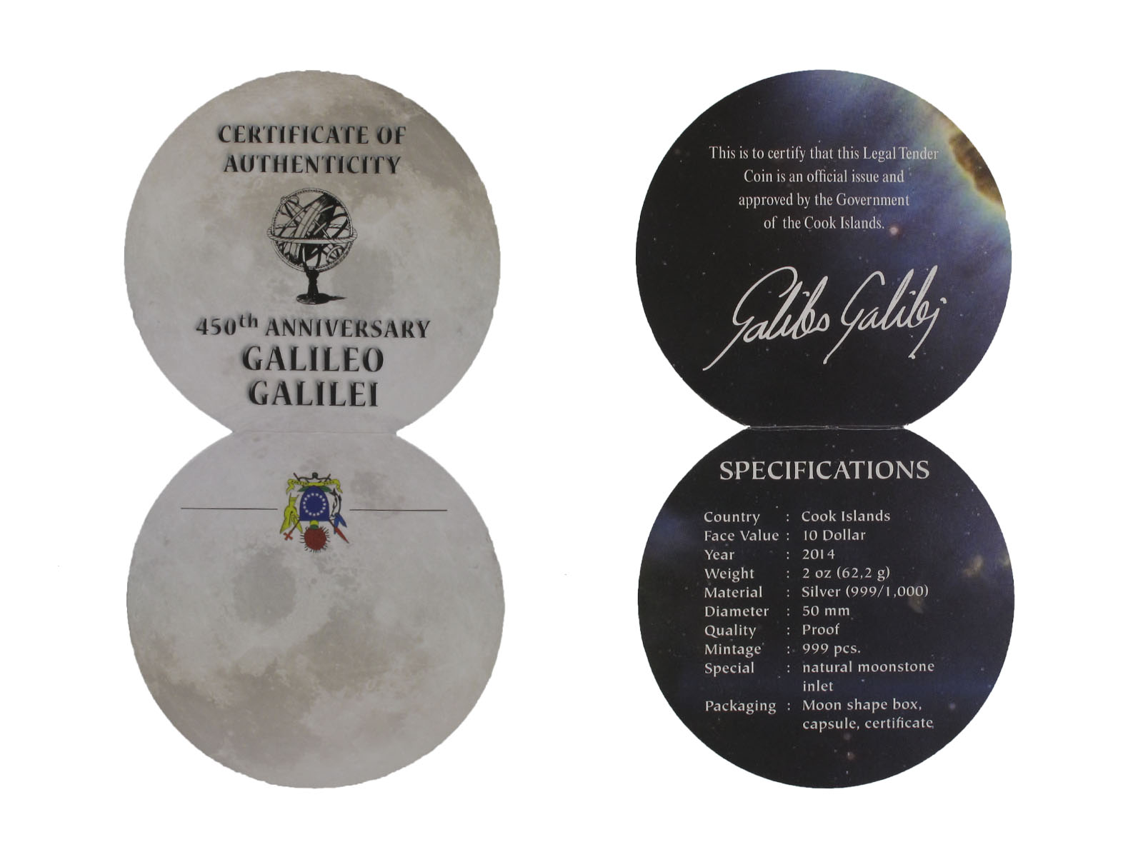 Cook Islands 10$ Galileo Galilei 2014, 2 oz  Silber