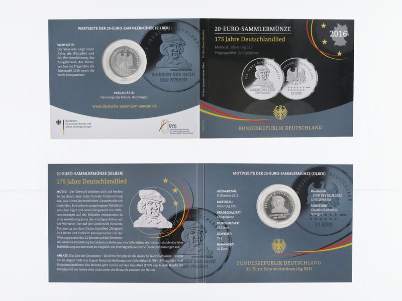 20 € 175 Jahre Deutschlandlied  Silber 2016, Blister PP