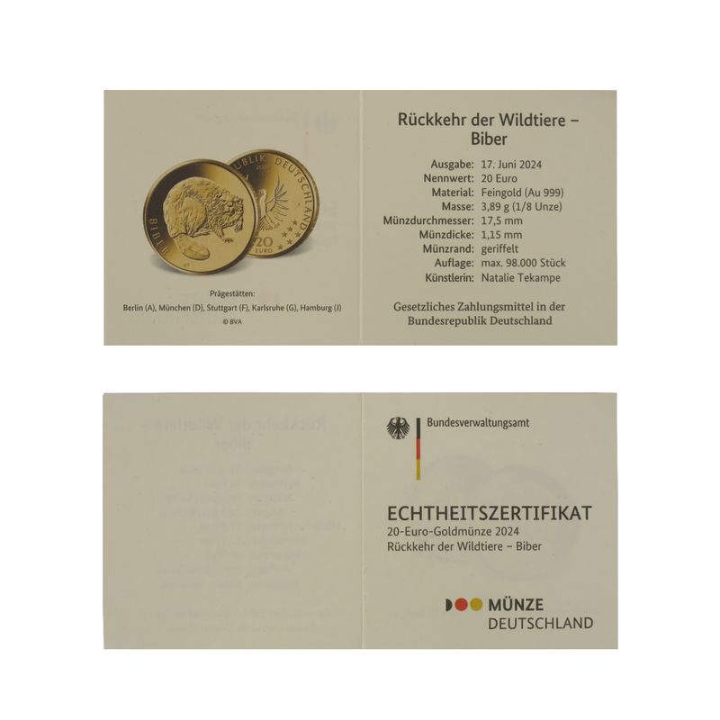 BRD 20 Euro Gold, 2024 F,  Rückkehr der Wildtiere Biber, (B+C+U)