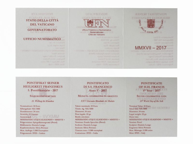 Vatikan 10 € Welttag der Kranken 2017 PP, Silber