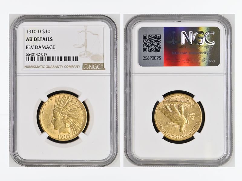 USA 10 Dollars Gold Indian Head 1910 D, Slab NGC AU Details