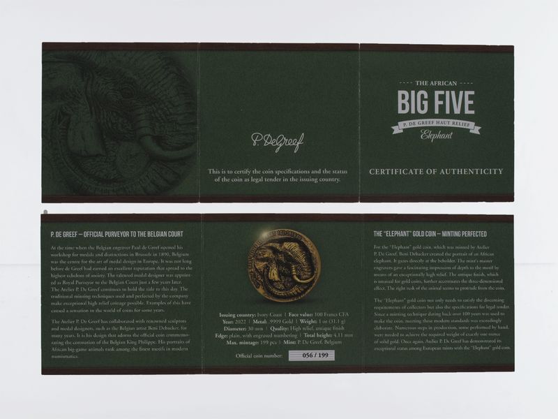 Elfenbeinküste 100 CFA. Big Five Elefant 2022, High relief (B+C)