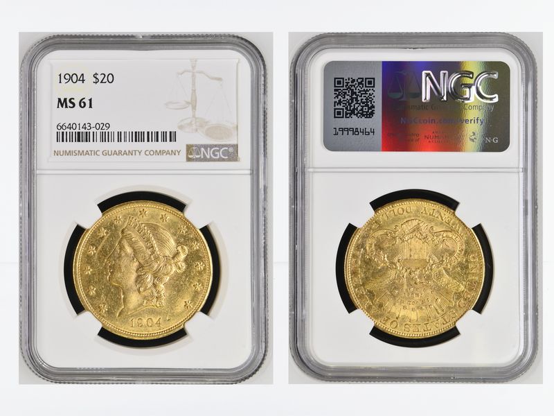 USA 20 Dollars Gold Eagle/Kopf 1904, Slab NGC MS61