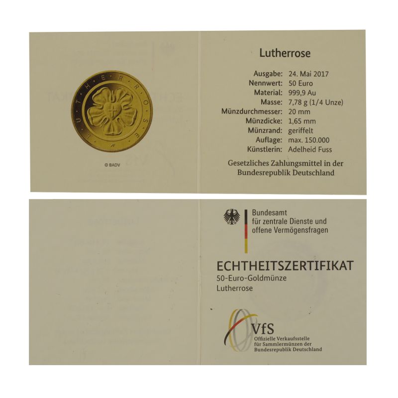 BRD 50 Euro Gold, 2017 G, Lutherrose
