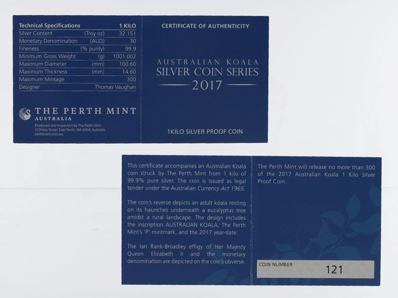 Australien 30$ Koala 2017, PP (B+C), 1 Kilo Kg  Silber