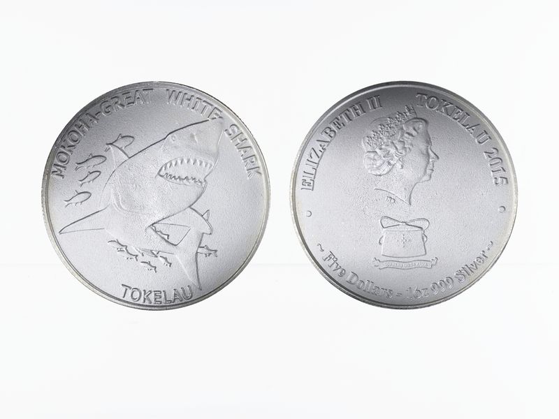 Tokelau 5 Dollar Mokoha White Shark 2015, 1 oz Silber
