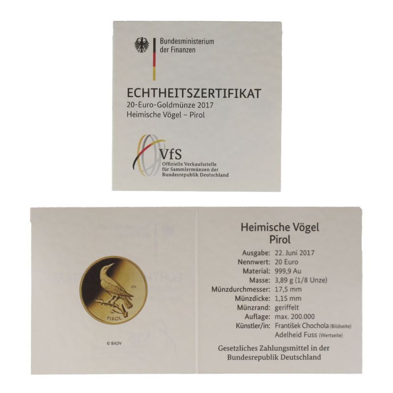 BRD 20 Euro Gold, 2017 A,  Heimische Vögel Pirol