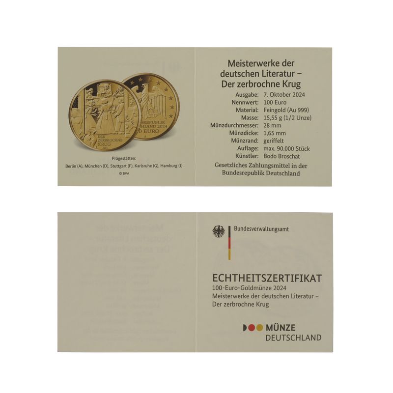 BRD 100 Euro Gold, 2024, Der zerbrochne Krug, (Kleist) A, (B+C+U)