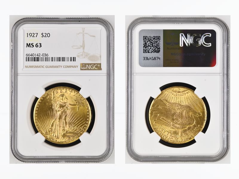 USA 20 Dollars Gold Eagle/Statue 1927 Motto, Slab NGC MS63