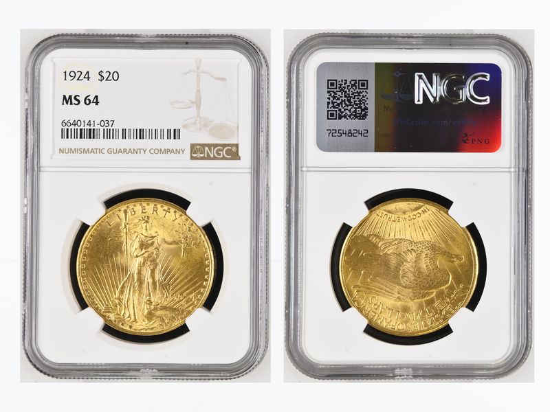 USA 20 Dollars Gold Eagle/Statue 1924 Motto, Slab NGC MS64