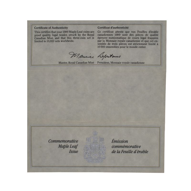 Kanada Maple Leaf 1989, Set Gold/Platin + Silber, 3 Münzen (B+C)