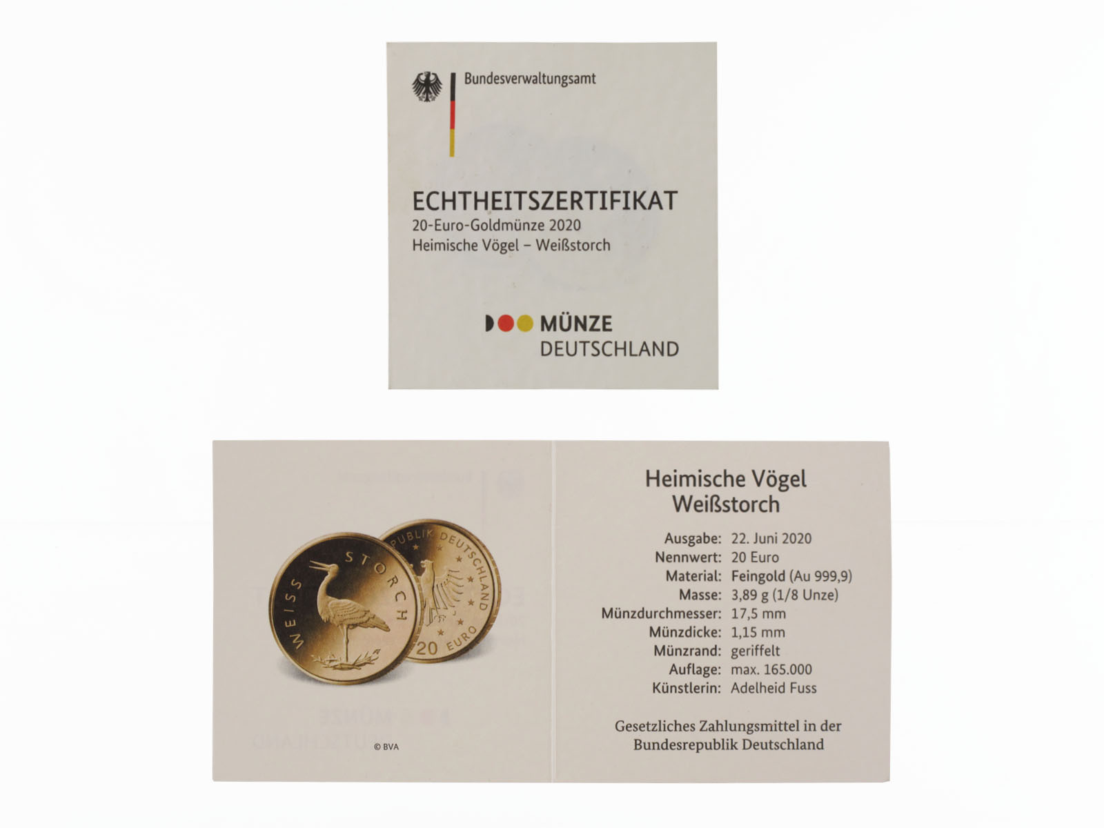 BRD 20 Euro Gold, 2020 A,  Heimische Vögel Weißstorch
